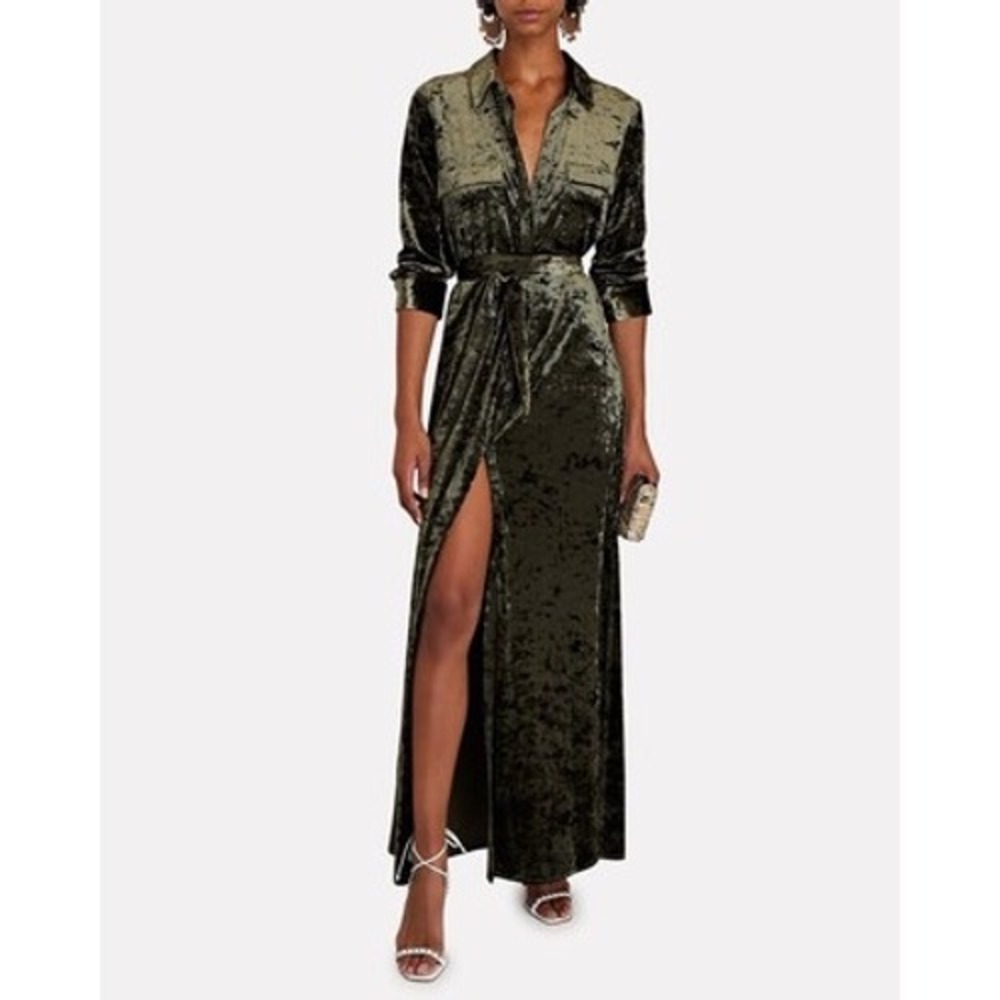 L'Agence Cameron Velvet Maxi Shirt Dress Green Size Small Long Sleeve Chic Sexy - Picture 2 of 16